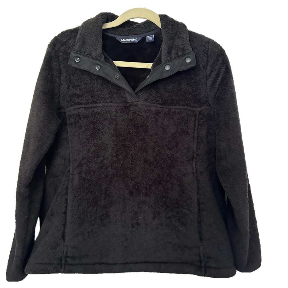 Lands' End Cosy Black Fleece Pullover with Front Pouch Pocket and Snap V-Neck